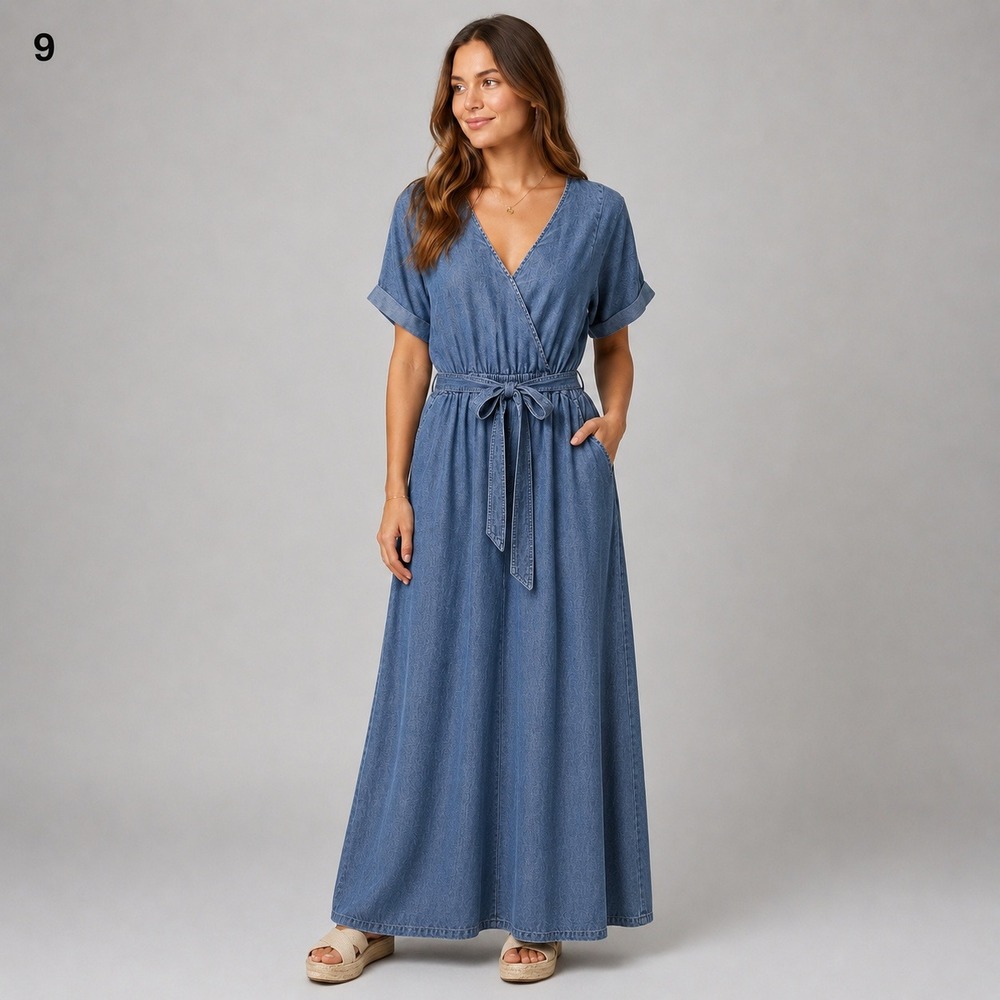 Karen Kane Maxi Dress Womens Plus 2X Blue Chambray Elastic Waist Pockets NEW